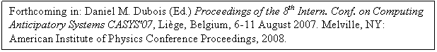 Text Box: Forthcoming in: Daniel M. Dubois (Ed.) Proceedings of the 8th Intern. Conf. on Computing Anticipatory Systems CASYS'07, Lige, Belgium, 6-11 August 2007. Melville, NY: American Institute of Physics Conference Proceedings, 2008. 